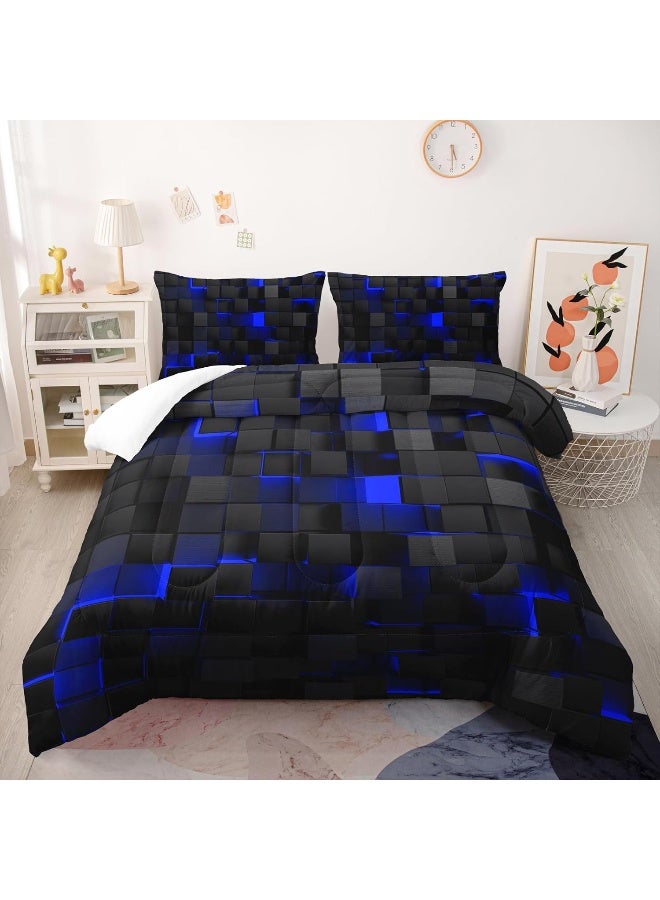 Nttopship Geometric Blue Black Comforter Set, Light Honeycomb 3 Piece Bedding Set Queen Size for Teen Boys, Modern Quilt Set Geometry Decor, Microfiber Lightweight 1 Comforter 2 Pillowcases All Season - Image 2